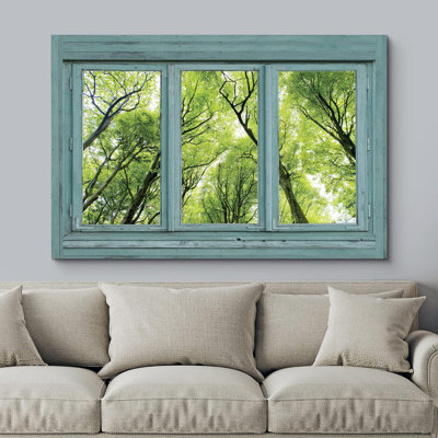 Scène de fenêtre «Vintage Teal Window Look Out Into A Green Forest» sur toile