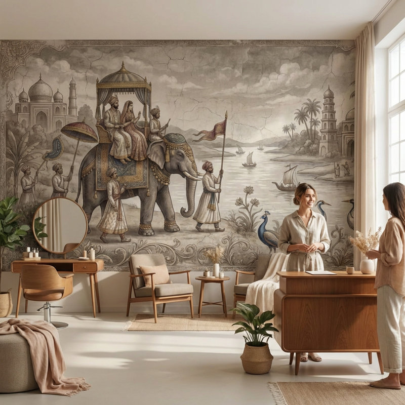 Adhésif mural procession moghole éléphant royal, 100 po x 96 po, Peler et coller