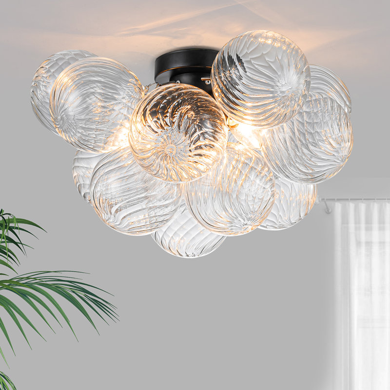 Ahona 3 - Light Dimmable Semi Flush Mount With 13 Swirled Glass Globe Bubble Ball, Black