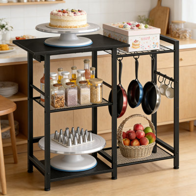 Étagère de boulanger avec prise de courant et ports USB, support pour micro-ondes avec tablettes de rangement et crochets en S, chariot de cuisine pour appareils électroménagers, épices et batterie de cuisine
