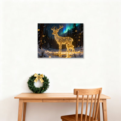 Ensemble de 1 tableau sur toile tendue représentant un cerf doré et son faon, avec aurores boréales et forêt d'hiver.