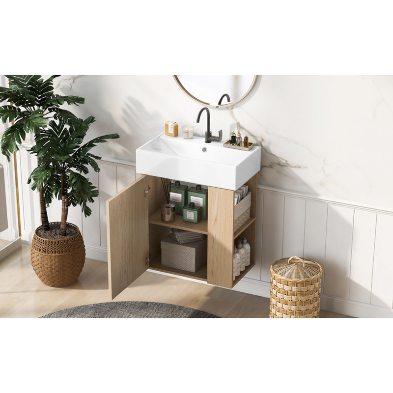 Armoire de salle de bain flottante de 21,6 po avec poignée en alliage d'aluminium, compartiment de rangement latéral, installation facile, convient aux espaces restreints Fixation de robinet de meuble-lavabo mural à un trou moderne, espaces compacts
