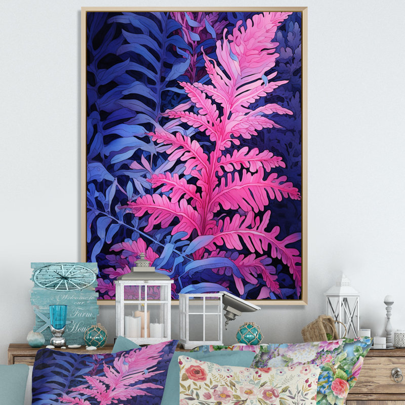 Fond de fougère rose bleue sur toile, H 20 po x l 12 po x P 1,5 po, Cadre naturel flottant