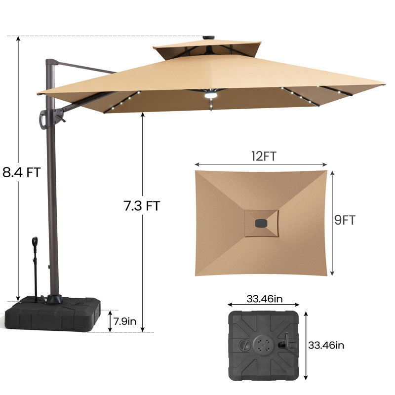  Parasol rectangulaire en porte-à-faux à DEL 12 pi x 9 pi avec base lestée - déplaçable sans effort par une seule personne