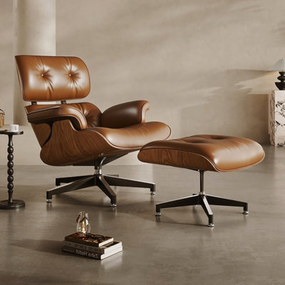 Mid Century Chaise Lounge Chair With Ottoman, Top Grain Leather, Modern Office Chair Classic Design, Heavy Duty Base Support For Living Room Study Lounge Office