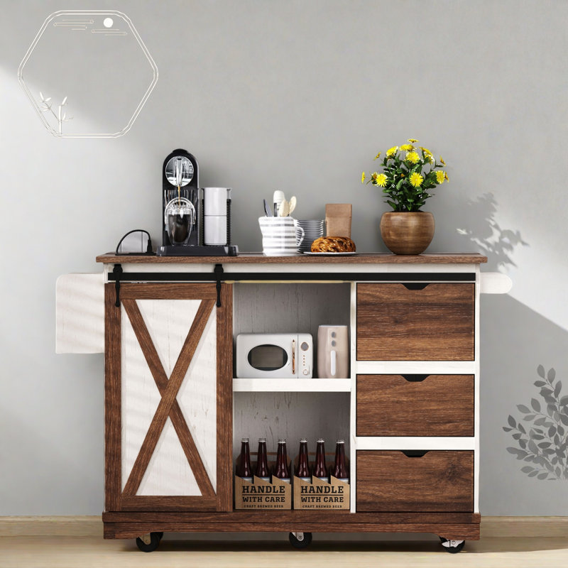 Kitchen Island With Drop Leaf, Barn Door, Power Outlet, And Spice Rack, Brown/White