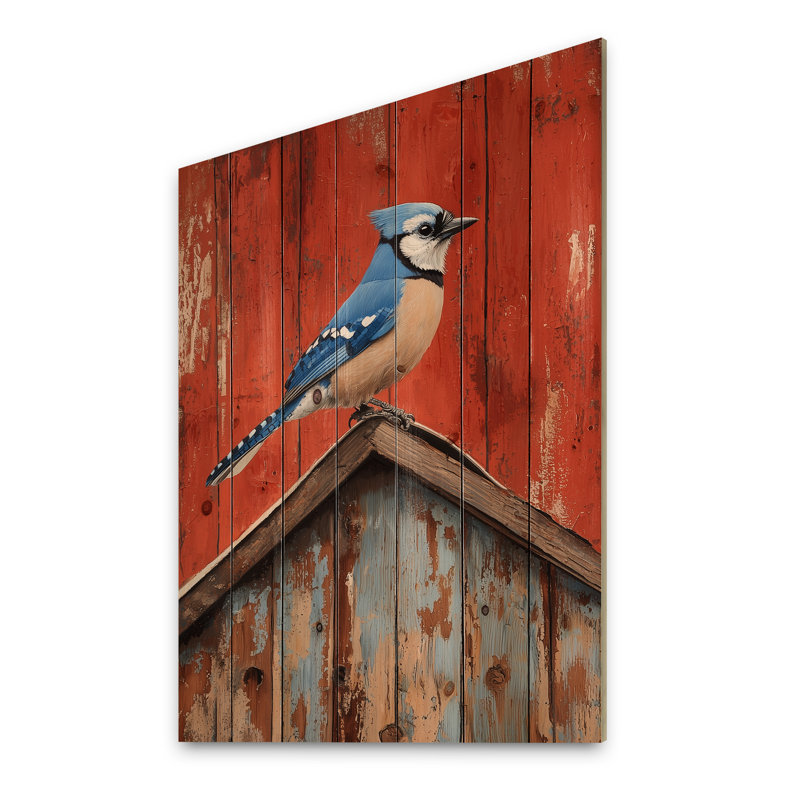 Blue Jay On The Barn Roof - Bird Wood Wall Decor - On Natural Pine Wood, 44" H x 34" W x 0.78" D