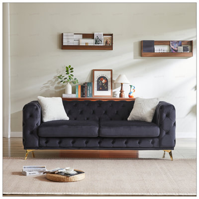 Canapé de luxe en velours de 82,5 pouces avec boutons capitonnés Chesterfield, 2 coussins et pieds en métal pour une vie élégante