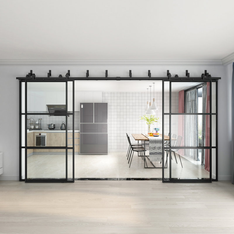 Porte de grange en métal et verre transparent avec trousse d'installation et fermeture en douceur JUBEST, L 168 po x H 84 po