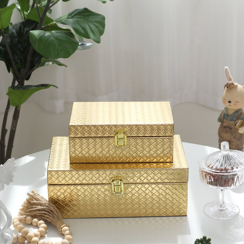 Faux Leather Decorative Jewellery Storage Organizer Boxes Set Of 2, Gold