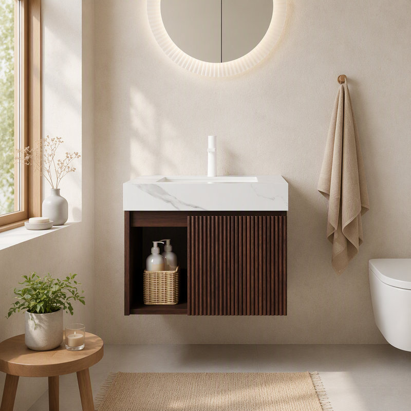 Meuble-lavabo flottant mural 24 po avec lavabo, blanc, Walnut, 24", Carrara White