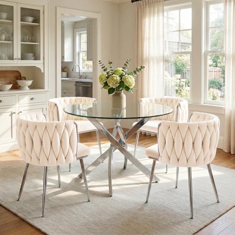 Ensemble de table de salle à manger ronde 35 po en verre pour 4, 5 pièces, ensemble de table de salle à manger ronde moderne, table de salle à manger en verre transparent avec 4 chaises rembourrées en velours, pour la cuisine, la salle à manger, l’appartement