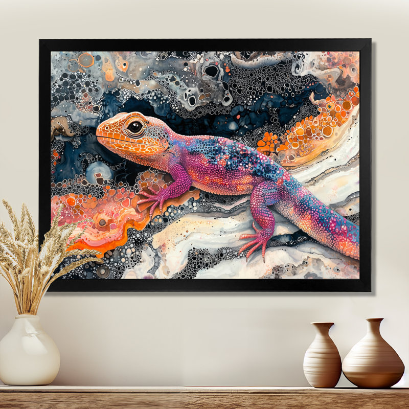 Lézard coloré dans le lac Harmony II - lézard, art mural, H 30 po x l 40 po, Reproduction encadrée d'une seule photo