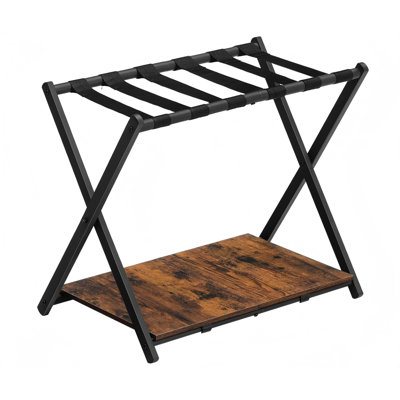 Folding Luggage Rack, Suitcase Stand Holder With Wooden Storage Shelf, Holds Up To 110 Lb, 27.2 X 15.7 X 24 Inches, For Guest Room, Bedroom, Closet, Hotel