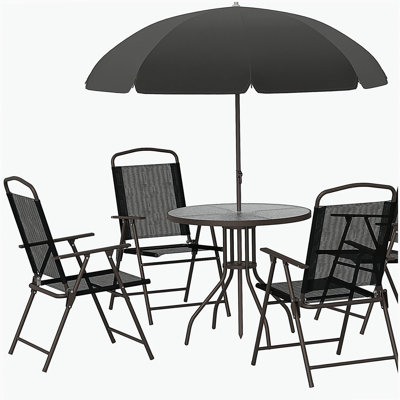 Outsunny 6 Piece Patio Dining Set for 4 with Umbrella, Outdoor Table and Chairs with 4 Folding Dining Chairs & Round Glass Table for Garden, Backyard and Poolside, Black