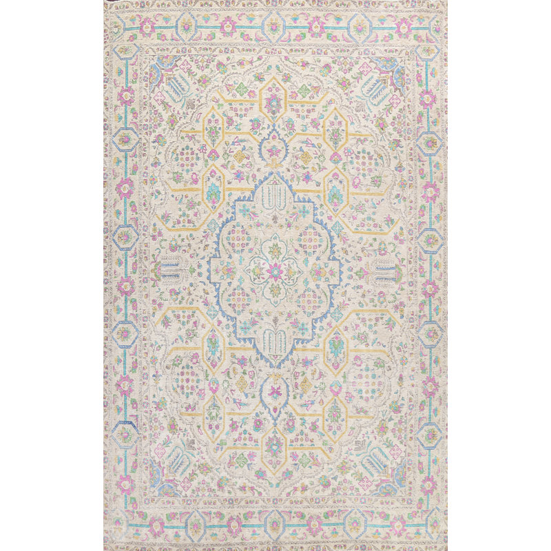 Tapis ivoire en laine noué à la main de conception unique 9 pi 9 po x 12 pi 10 po