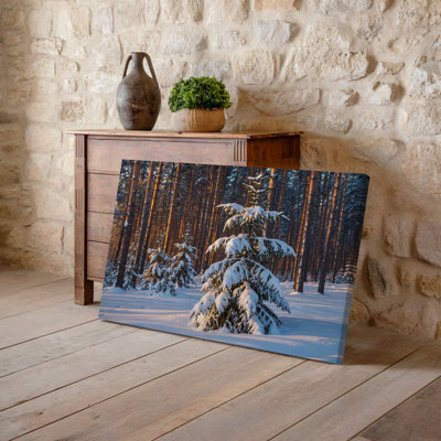 Canvas A Serene Winter Landscape Featuring A Foreground Of A Snow Wall Art Covered Evergreen Tree Its Branches Heavy With Fresh Snow Canvas Wall Art