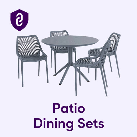 Gray round patio dining table with four mesh-back chairs