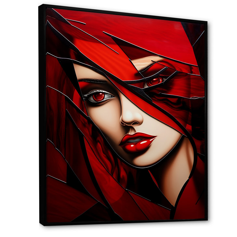 Portrait de femme cubique Ruby Radiance - impression, Cadre flottant noir, H 44 po x l 34 po x P 1,5 po