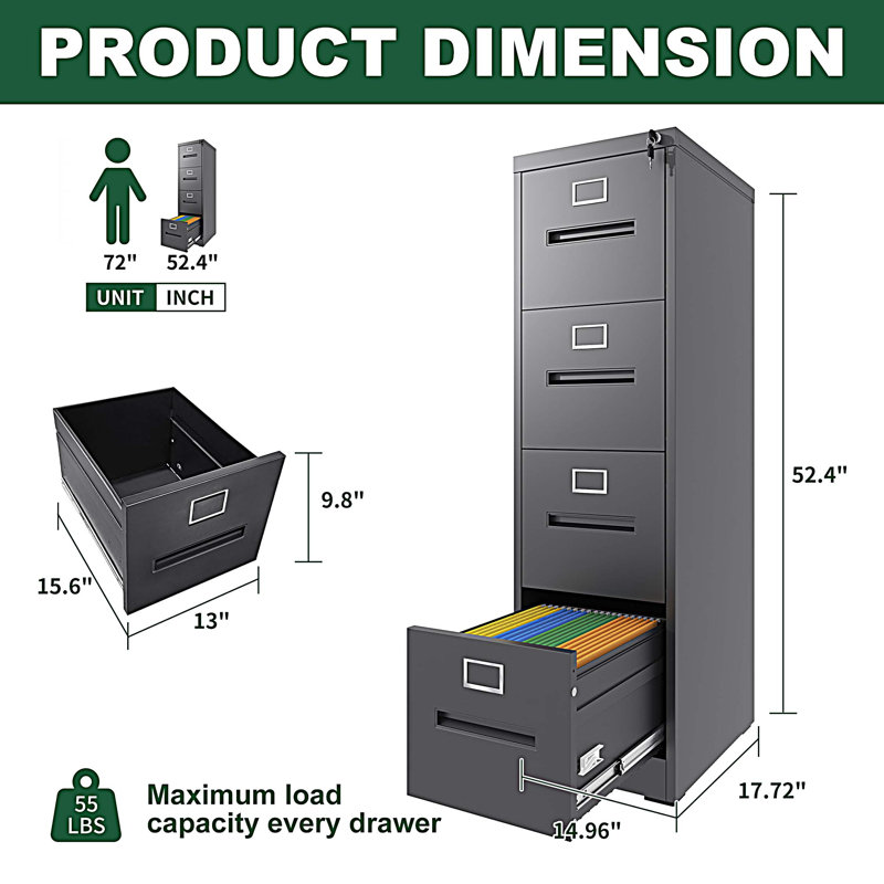 4 Drawer File Cabinet With Lock Metal Vertical File Cabinet Office Home, A4 Legal/Letter Size Narrow File Cabinet Locked,Assembly Required