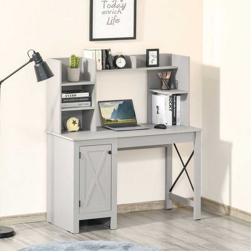 Bureau avec rangement - Gris - Idéal pour le bureau à domicile et la salle d'étude - Armoire à 2 portes et 8 étagères ouvertes - Complétez votre espace de travail