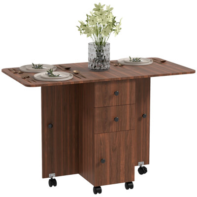 Foldable Dining Table, Rolling Kitchen Table with Drawers, Cabinet
