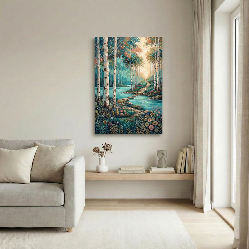 Tableau sur toile représentant un chemin forestier de bouleaux turquoise avec un feuillage coloré à pois, H 30 po x l 20 po