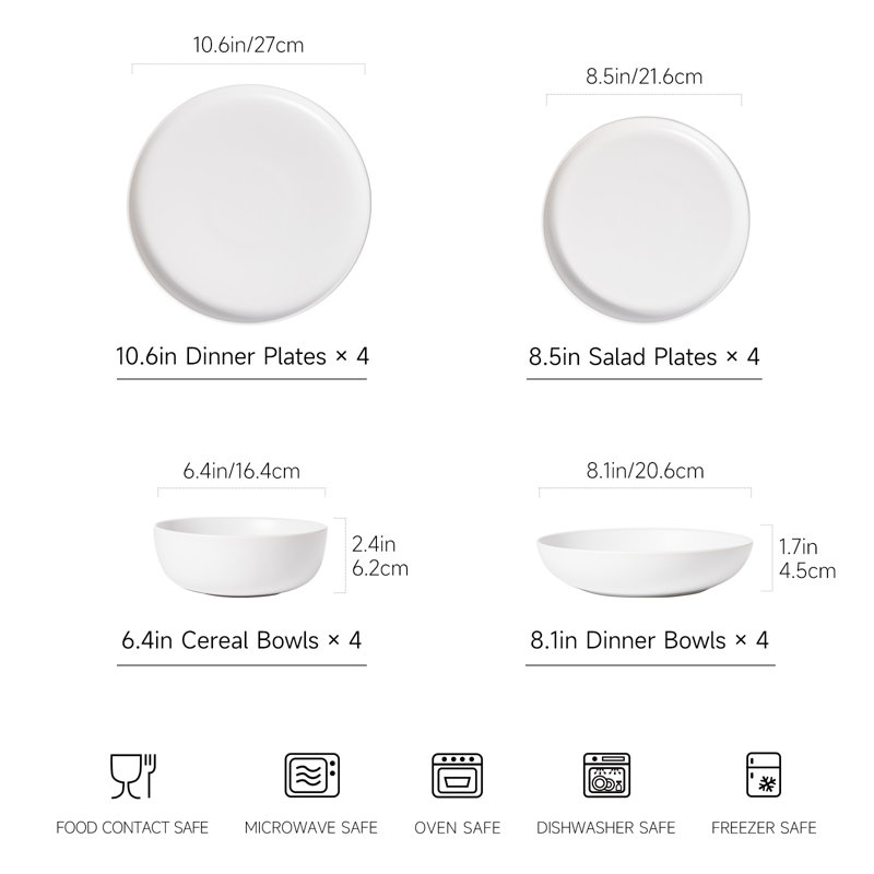 Service de table en grès 16 pièces ALOFMO Pure avec bol à pâtes - Service pour 4, Blanc