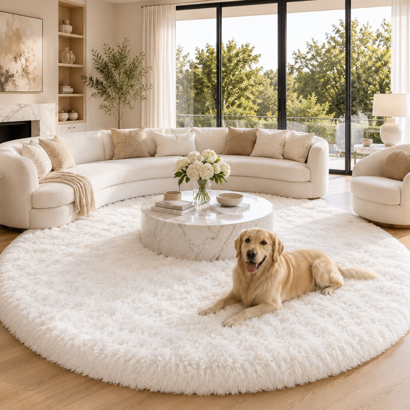 Ebern Designs Soft Fluffy White Shag Area Rug for Living Room Bedroom Nursery Kids Room, Round 8', White