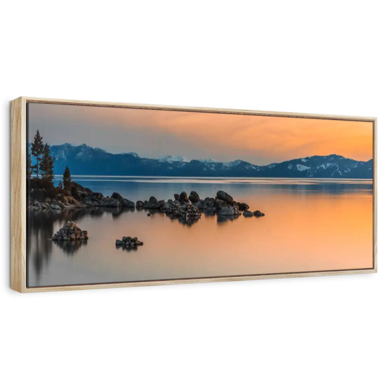 Coucher de soleil sur le lac Rocky Tahoe, Cadre flottant en bois naturel, 43 po x 15 po