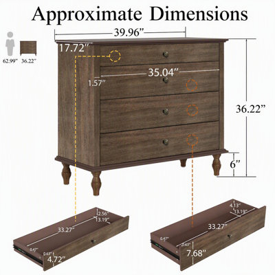 Antique 4-Drawer Chest with Solid Wood Feet and Metal Knobs, Deep Brown Finish Dresser for Bedroom and Nursery