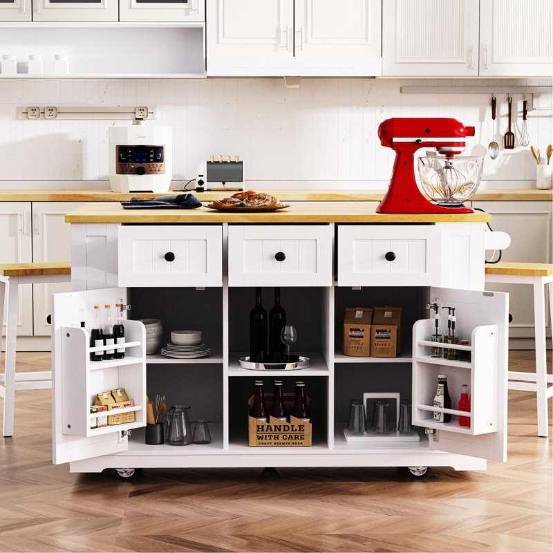 Large Kitchen Island With Drop Leaf, Internal Storage, Power Socket, Rolling Cart, White Storage Space, Input, On 5 Wheels,
