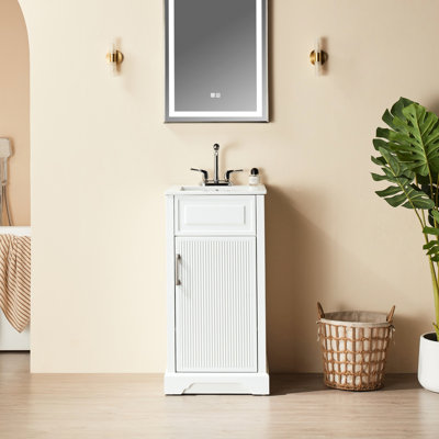 Meuble-lavabo autoportant de 18 po, entièrement installé, fabrication en bois d'hévéa blanc massif, tiroir à fermeture en douceur, peinture à 5 couches, 2 poignées et ensemble de dossier ouvert assemblé