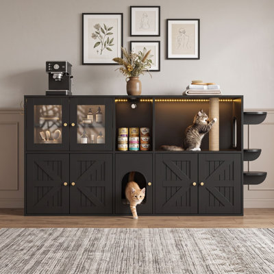 Cat Litter Box Enclosure Furniture with Built-in Scratching Post, LED Lights, USB Port and Storage Cabinets
