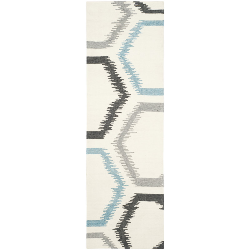 Rodgers Hand Woven Flat Weave Wool/Viscose/Cotton Geometric Rug in Gray/Ivory, Runner 2'6" x 8'