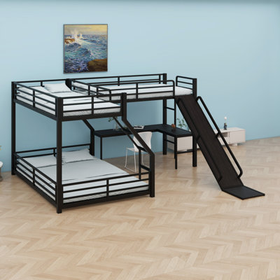 L-Shaped Bunk Bed With Loft Bed, Metal Triple Bunk Bed With Slide And USB Ports