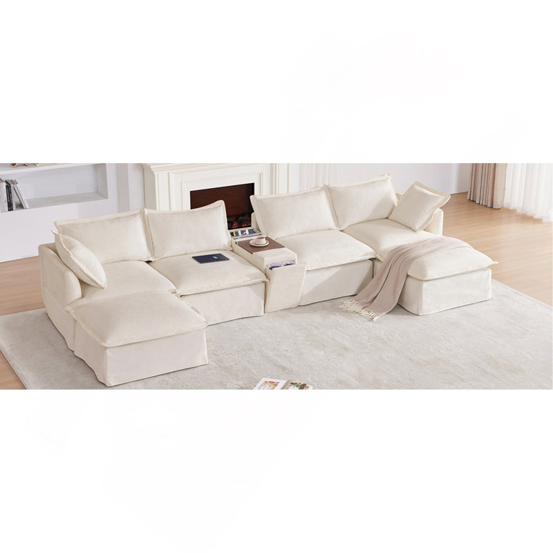 Canapé modulaire de 131 po avec repose-pieds mobile et console, porte-gobelet, siège large, canapé en U de 6 places, canapé en chenille surdimensionné avec chargeur USB pour le salon, appartement, 2 couleurs