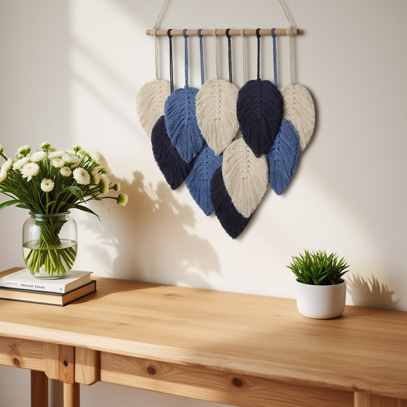 Macrame Leaf Wall Hanging with Wooden Rod, Handmade Boho Woven Tassel Tapestry for Bedroom, Living Room and Apartment Decor (Navy Blue)