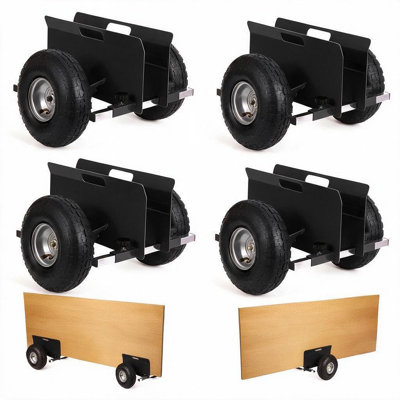 Lot de 4 chariots de manutention à pince réglables (capacité de 272 kg) - Pneus pneumatiques de 25 cm, acier robuste, tout-terrain, pour plaques de plâtre, contreplaqué, panneaux et dalles - Noir - Couleur : Noir