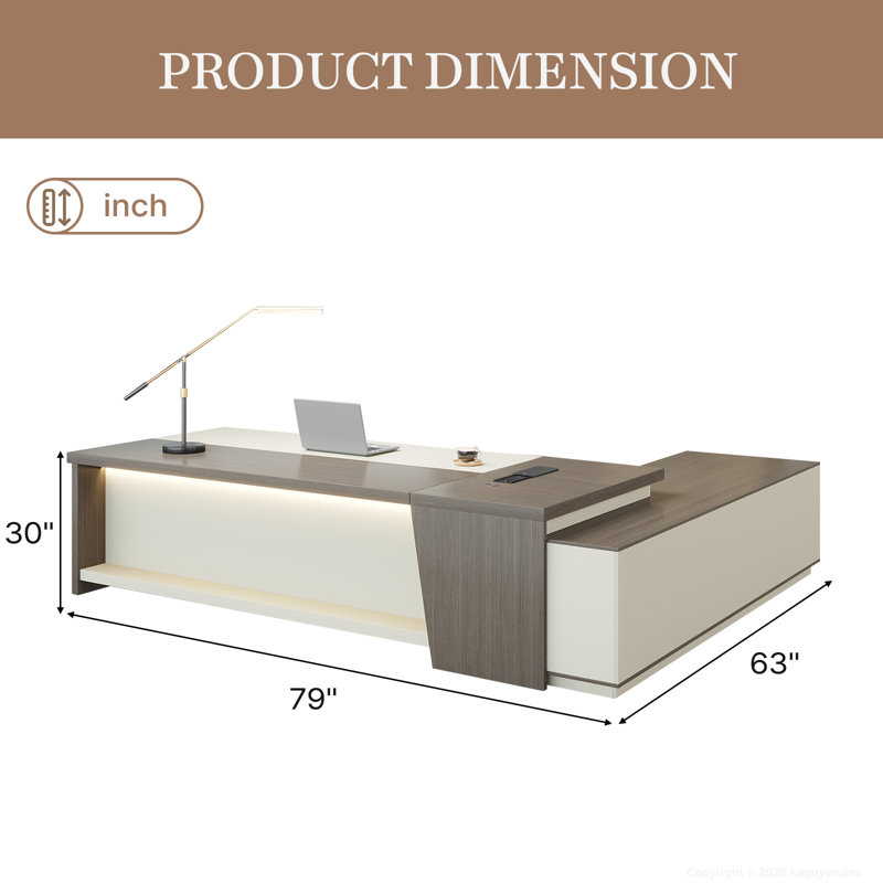 Bureau de direction en L avec serrure numérique et système de gestion des câbles, Retour à gauche, Wengé / Blanc