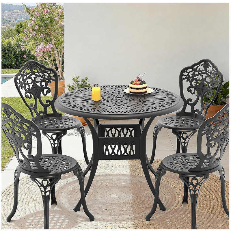 Ensemble de 5 pièces de mobilier de salle à manger en fonte d'aluminium toutes saisons avec cadre noir