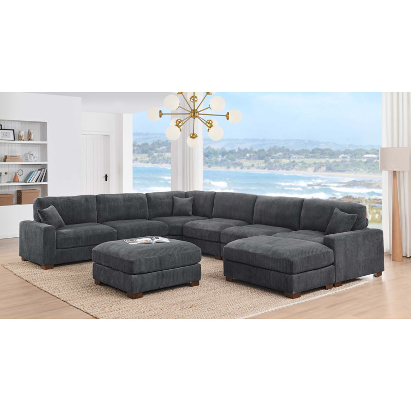 Canapé-lit modulaire 7 pièces, H 34,00 po x l 159,50 po x P 123,50 po, Velours côtelé vert
