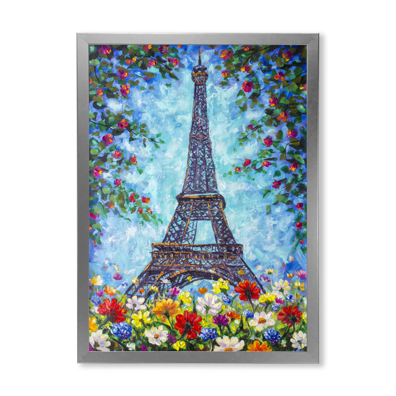 «Eiffel Tower Paris with Spring Flowers», peinture sur toile encadrée, H 32 po x l 16 po x P 1 po