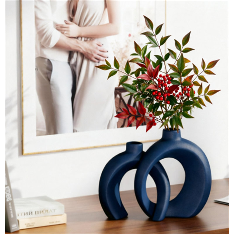 Blue Vase Set Of 2 - Donut Navy Vases Home Decor, Modern Coastal Decor - Decorative Vase, Ceramic Decorations For Living Room Coffee Table Bookshelf Shelf Console Mantle (Matte Navy Blue)