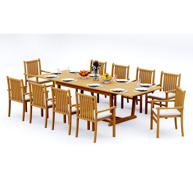 11 Pcs Grade-A Teak Wood Dining Set: 118" Double Extension Mas Rectangle Trestle Leg Table And 10 Cahyo Stacking Arm Chairs #11CH2510