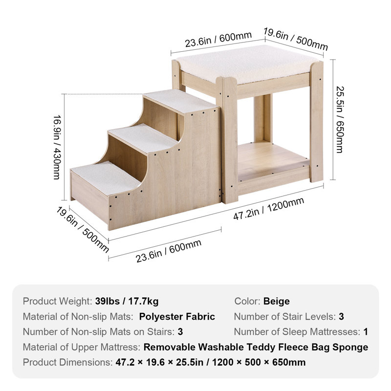Lit superposé pour animal de compagnie avec escalier, perchoir de fenêtre pour chien / chat, canapé-lit à plusieurs niveaux pour lit de chevet, plateforme de siège surélevée avec coussin en mousse, canapé pour animal de compagnie (beige)