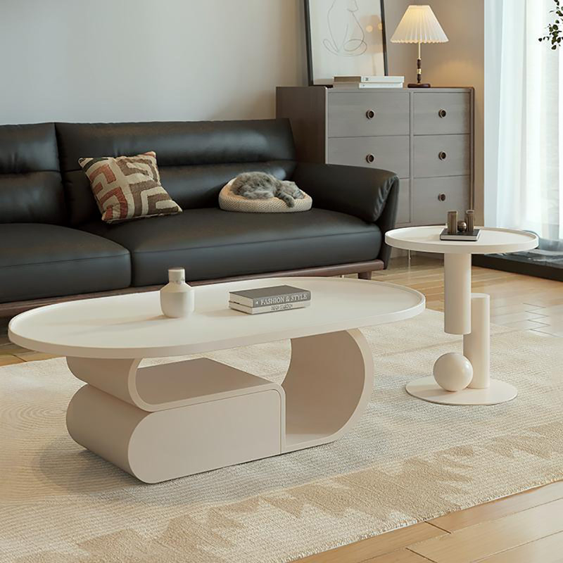 Ensemble de tables basses ovales Light Luxury, H 17,7 po x L 47,2 po x l 23,6 po, Plateau blanc / base crème