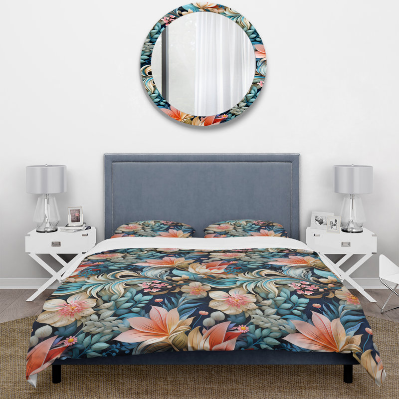 Ensemble de housse de couette motif floral à motif cachemire bleu et rose II