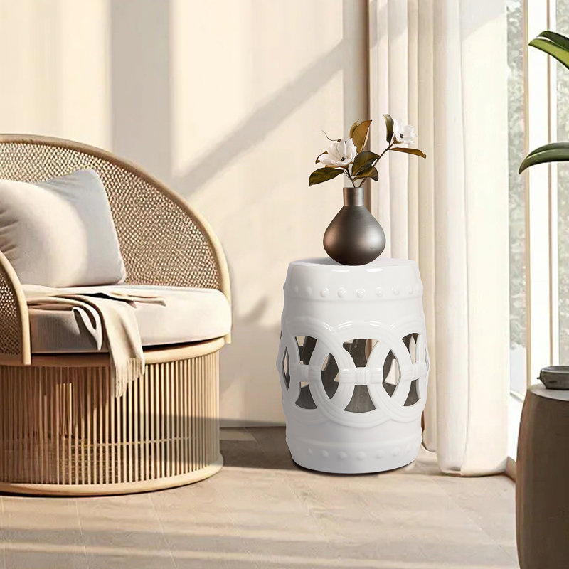 Tabouret tambour en céramique émaillée 10,5 po x 17 po - Table d'appoint intérieure / extérieure - Tabouret de jardin décoratif
