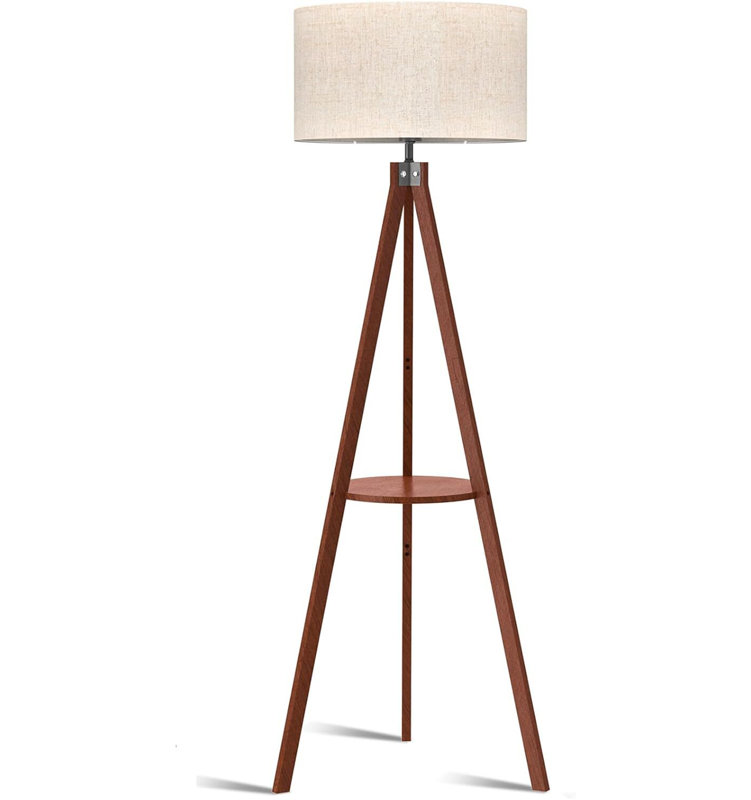  Tripod Floor Lamp, Mid Century Wood Standing Lamp, Modern Design Shelf Floor Lamp For Living Room, Bedroom, Office, Flaxen Lamp Shade With E26 Lamp Base Brown